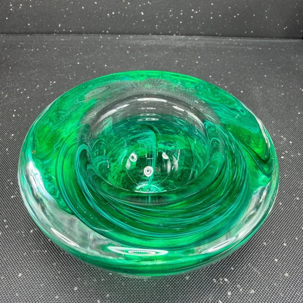 Kosta Boda Sweden Art Glass Green Swirl Votive Candle Holder Signed Heavy Base